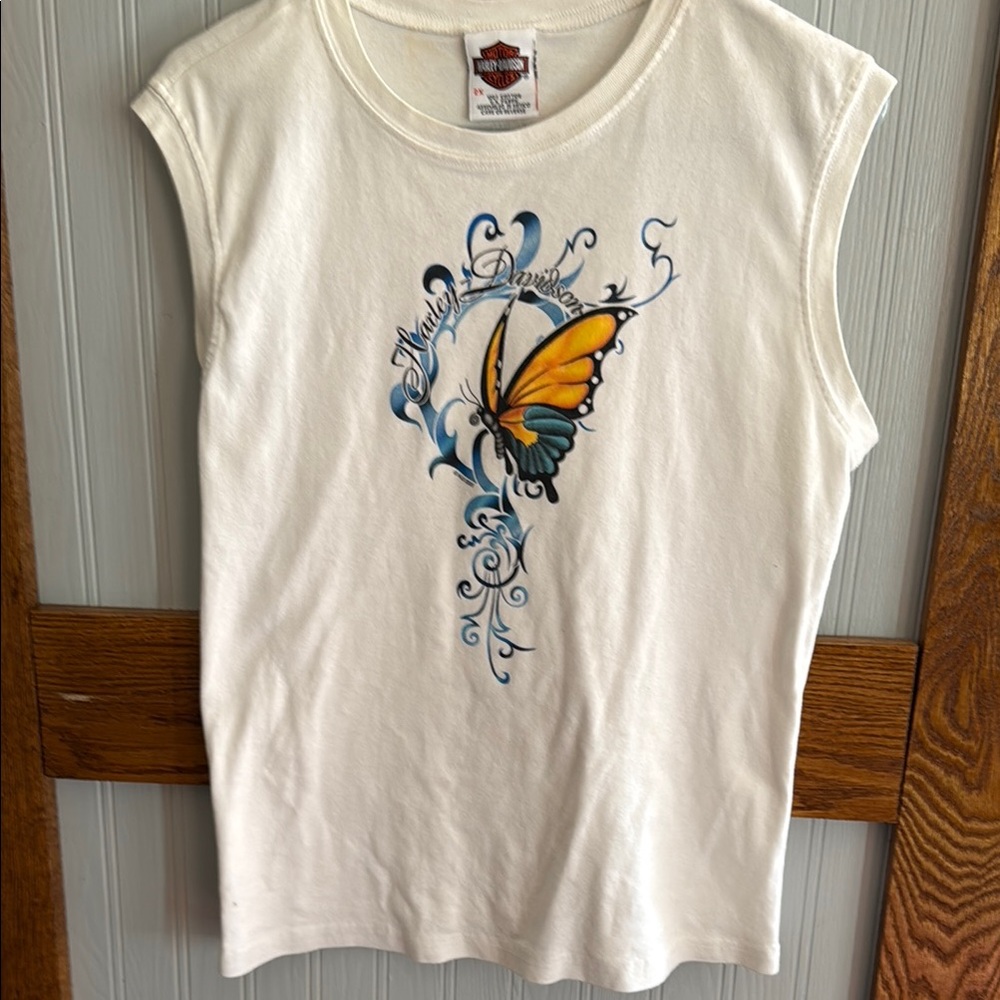 Harley-Davidson White Tank Top with Butterfly Graphic